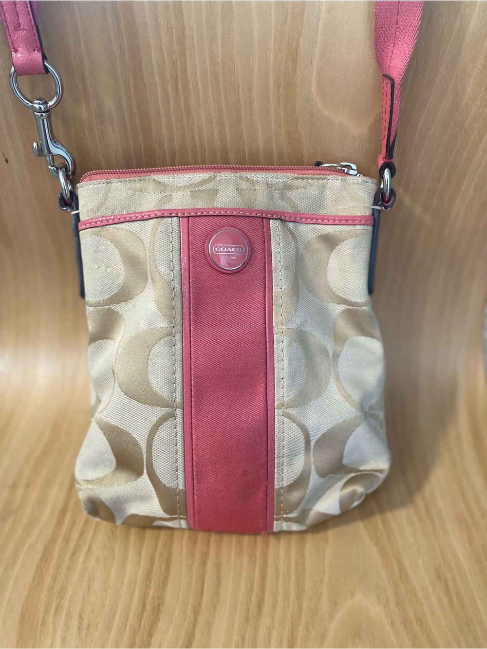 Coach Beige Signature Crossbody with Pink Stripe